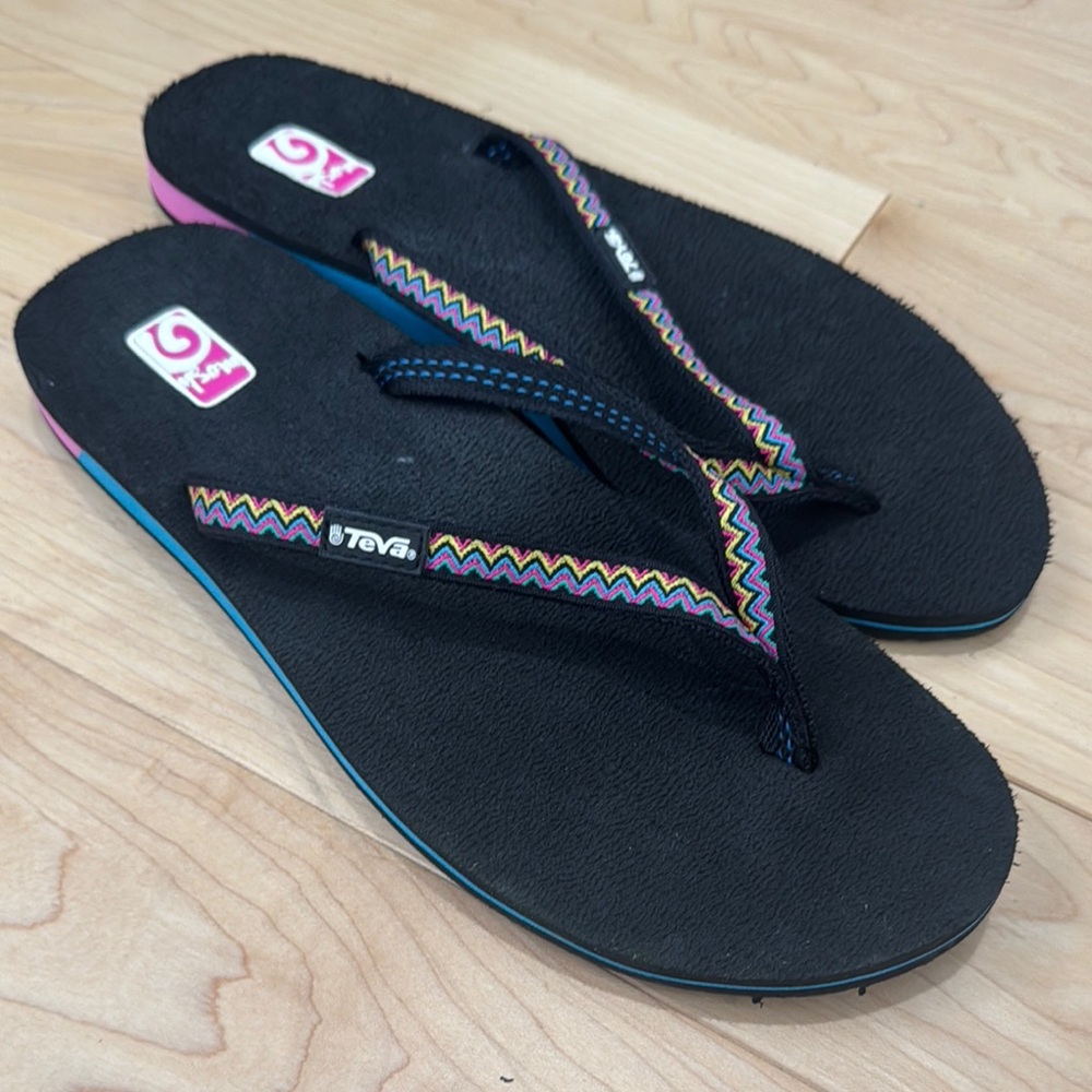 Teva Black Flip Flops with Multicolor Straps